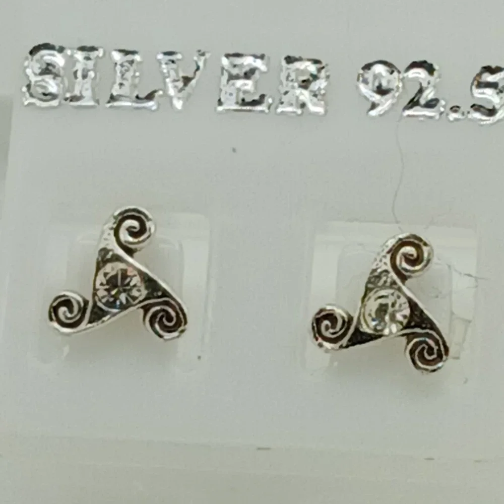 Sterling Silver 925 Celtic Triskelion Stud Earrings Crystal Triple‎ Spiral